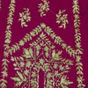 Gold floral embroidery on a red fabric background